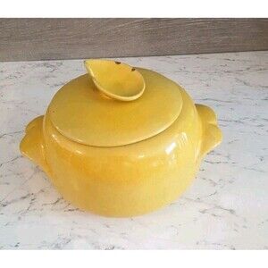 Frankoma Pottery Yellow Covered Casserole Dish 4V Vintage Bean Pot MCM Serveware